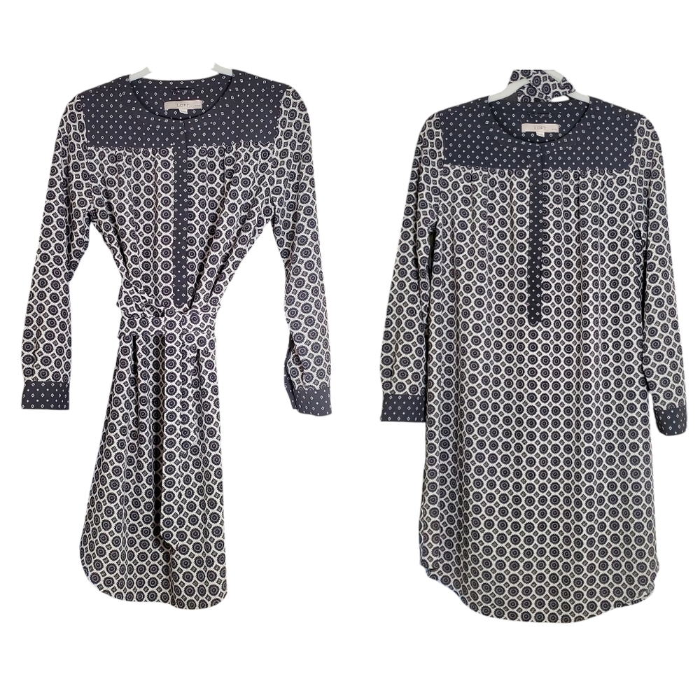 Floral Medallion Petite Medium Mixed Media Longsleeve Popover Belted Tunic Dress